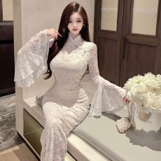 批发实拍新中式国风盘扣改良旗袍<b class='q'>蕾丝</b><b class='q'>连衣裙</b>秋冬高级性感包臀晚礼服裙