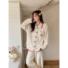 批发厂家现获刺绣可爱半边绒睡女秋冬加绒加厚保暖宽松<b class='q'>开衫</b>家居服套装