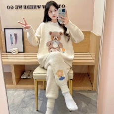 批发厂家现获可爱半边绒睡女秋冬加绒加厚保暖宽松<b class='q'>开衫</b>家居服套装