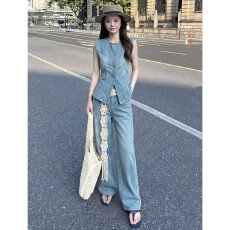 批发夏季新款女装<b class='q'>牛仔</b>马甲背心阔腿裤套装复古百搭