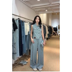 批发夏季新款女装<b class='q'>牛仔</b>马甲阔腿裤套装复古水洗竖条纹显瘦