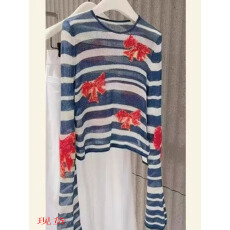 批发2025夏季新款蓝色条纹提花套头针织衫百搭洋气上衣打底长袖<b class='q'>T</b><b class='q'>恤</b>女