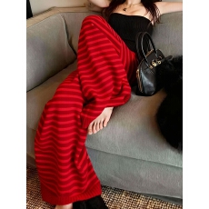 批发红色条纹针织阔腿裤女2025新款冬加厚保暖<b class='q'>设计</b>感小个子超好看裤子