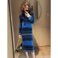 批发秋冬巨好看漂亮条纹针织<b class='q'>连衣裙</b>女法式修身显瘦<b class='q'>长袖</b>包臀a字长裙子
