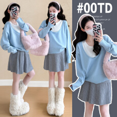 批发实拍孕妇春装假两件套针织上衣＋调节扣百褶裙套装孕妇两件套