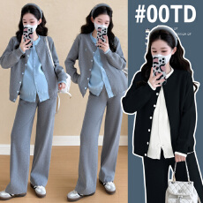 批发实拍 新款大码孕妇装韩版撞色上衣＋可调节阔腿裤两件套孕妇套装