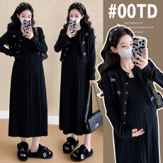 批发实拍新款大码孕妇套装韩版刺绣小香风上衣＋百褶背心裙两件套