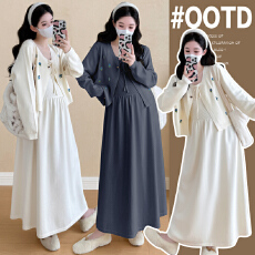 实拍新款孕妇装韩版刺绣毛衣外套＋加厚吊带裙两件套孕妇套装