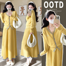 批发实拍新款法式大码孕妇两件套毛衣开衫＋可调节半身裙新款孕妇套装