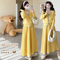 批发实拍法式大码孕妇两件套毛衣开衫＋可调节半身裙新款孕妇套装