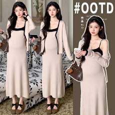 批发实拍网红款孕妇装韩版孕妇毛衣两件套显瘦吊带裙＋小开衫套装