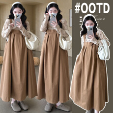 实拍韩版孕妇秋装大码孕妇背带裙＋打底衫两件套网红孕妇套装