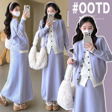 批发实拍<b class='q'>韩版</b>孕妇套装松弛感假两件上衣＋可调节半身裙孕妇两件套