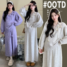 实拍新款孕妇套装加大加厚立体花朵毛衣＋可调节半身裙两件套