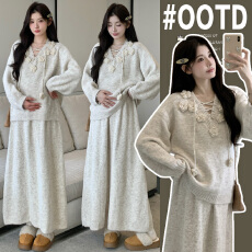 实拍新款孕妇套装加大加厚立体花朵毛衣＋可调节半身裙两件套