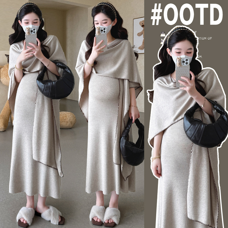 실사 빅 사이즈 출산 착용 느긋한 센스 임산부 투피스 세트 몸매 가꾸기 슬림해 보이는 조끼 스커트 숄 세트