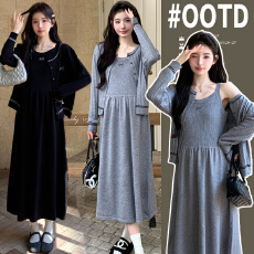 实拍 新款大码孕妇装小香风上衣＋针织吊带两件套韩版孕妇套装