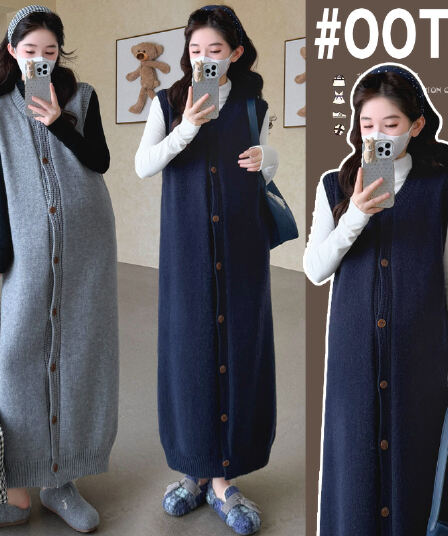 실사 빅 사이즈 출산 착용 새로운 임산부 투피스 세트 캐주얼 니트 임산부 조끼 스커트 기본 셔츠 세트
