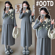 批发实拍新款孕妇装大码针织打底裙＋立体提花马甲两件套<b class='q'>韩版</b>孕妇套装