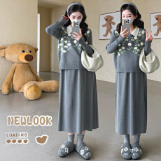 批发实拍新款孕妇装大码针织打底裙＋立体提花马甲两件套<b class='q'>韩版</b>孕妇套装