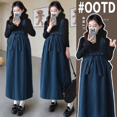 批发实拍 新款孕妇装条纹毛呢孕妇背心裙＋打底衫两件套韩版孕妇套装