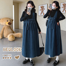 实拍 新款孕妇装条纹毛呢孕妇背心裙＋打底衫两件套韩版孕妇套装