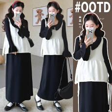 批发实拍  新款孕妇套装木耳边孕妇针织连衣裙＋韩版背心孕妇两件套