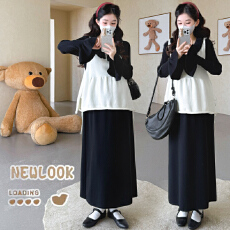 批发实拍  新款孕妇套装木耳边孕妇针织连衣裙＋韩版背心孕妇两件套