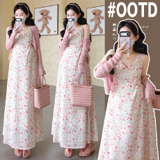 批发实拍新款孕妇夏装碎花雪纺孕妇吊带裙＋小开衫两件套大码孕妇套装