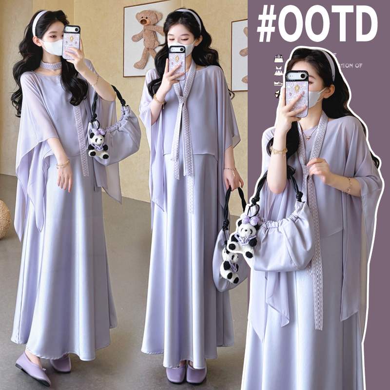 실사 새로운 임산부 여름 드레스 아세트산 새틴 슬립 드레스 쉬폰 자외선 차단 의류 임산부 세트 임산부 투피스 세트