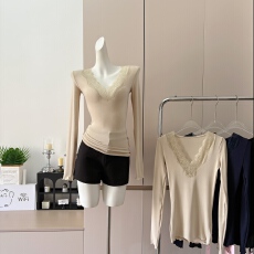 批发Xzichic天丝羊毛蕾丝拼接V领<b class='q'>长袖</b>T恤女复古收腰内搭<b class='q'>打底衫</b>上衣秋