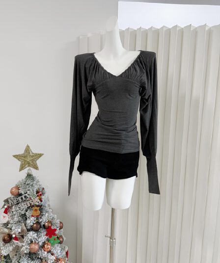 paloma wool 어두운 회색 V넥 주름 패치워크 몸매 가꾸기 긴팔 전후 둘 착용 어린 양 다리 소매 맨위