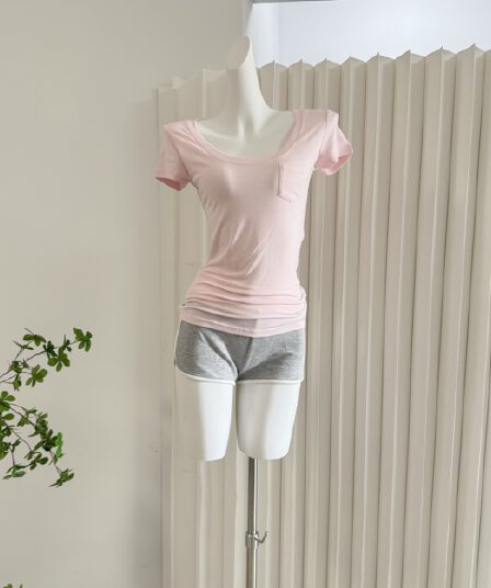 xzichic 4.7 20 점 우유 푸 주머니 t 작은 날다 소매 티셔츠 여성 여름 대 라운드 넥 몸매 가꾸기 반팔 맨위