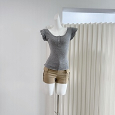 批发来财小马【<b class='q'>小</b>飞袖双层木耳边<b class='q'>小</b>飞袖天丝羊毛正肩t恤修身百搭上衣