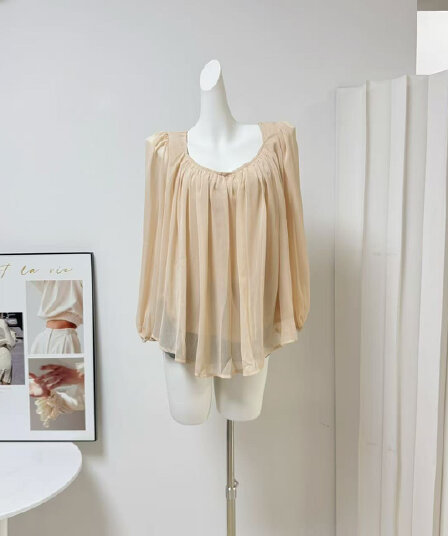 gakee official 프랑스식 벌룬 소매 시폰 셔츠 여성 봄 여름 와이드 밑단 핀치 Pleat 마이크로 ~을 통해 패키지 어깨 셔츠