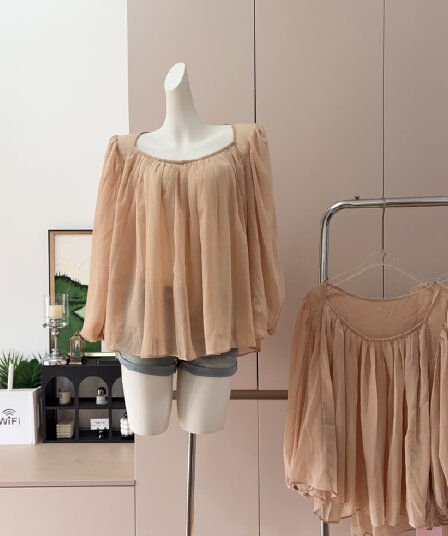 프랑스식 벌룬 소매 시폰 셔츠 여성 봄 여름 와이드 밑단 핀치 Pleat 마이크로 ~을 통해 패키지 어깨 셔츠