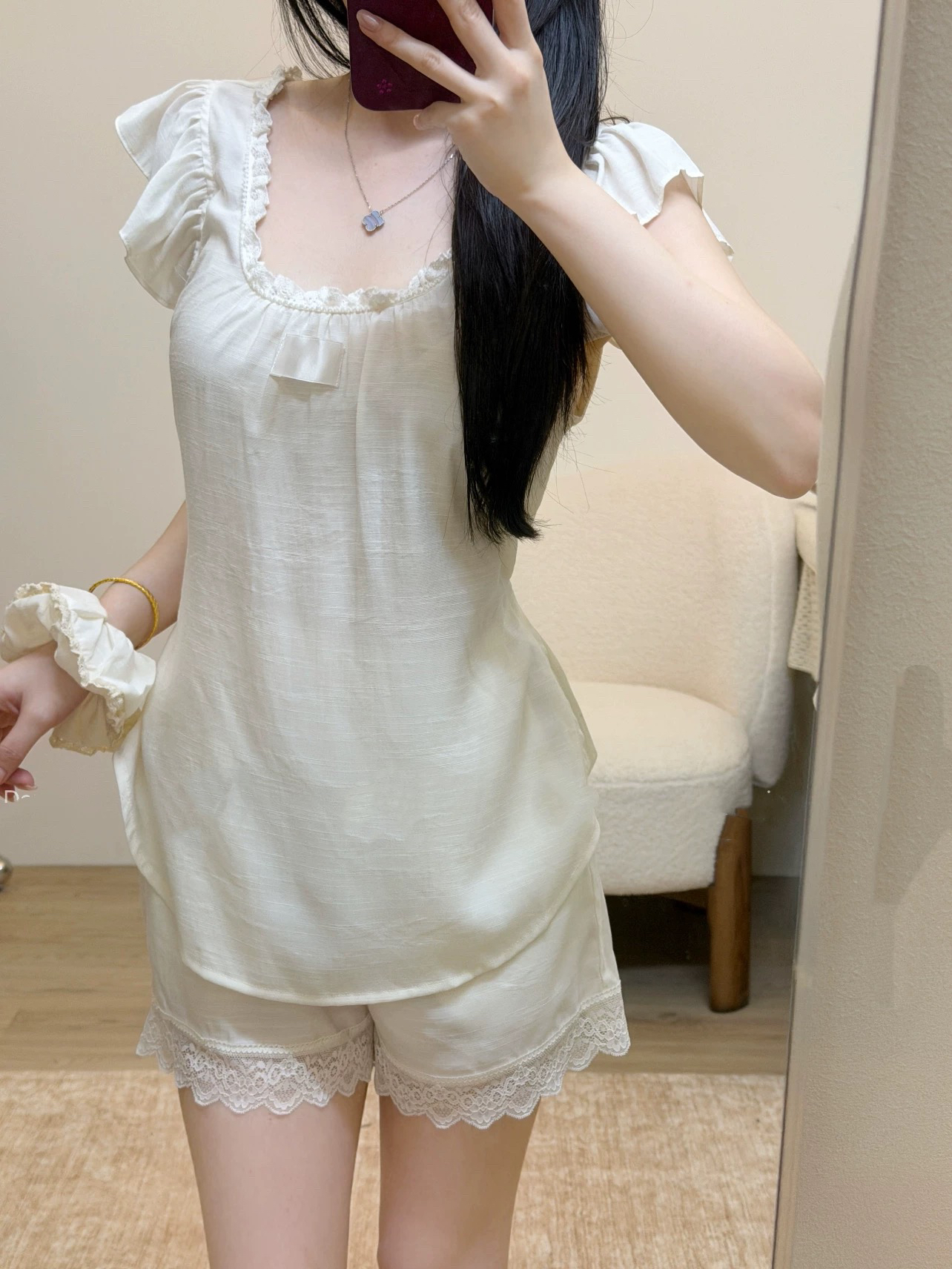 구름 뮤 S 프랑스식 레트로 레이스 칼라 반팔 맨위 레이스 반바지 가정 서비스 세트 한푸