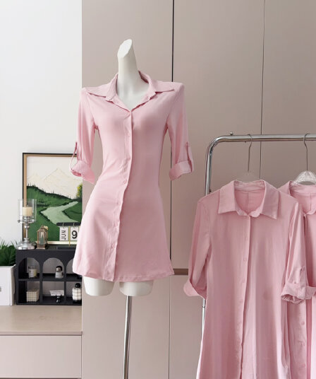 흔들어서 톤 yangzifan 부드러운 핑크색 POLO 칼라 몸매 가꾸기 나팔 소매 여성 드레스 여름 미니 스커트
