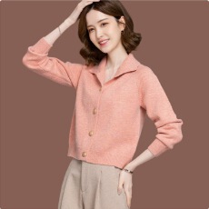 批发羊毛针织开衫女小个子春秋新款高腰<b class='q'>短款</b>配裙外搭上衣翻领毛衣外套
