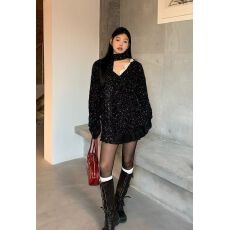 闪闪超闪V领宽松毛衣女秋冬韩系手工钩花银丝貂绒大版上衣毛衣