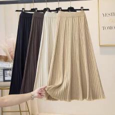 批发毛边半身裙女秋冬毛线大摆百褶加厚中长款针织大码胖MM