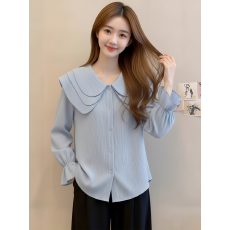 批发蓝色<b class='q'>娃娃领</b>雪纺衬衫女早春设计感小众荷叶边衬衣法式减龄漂亮