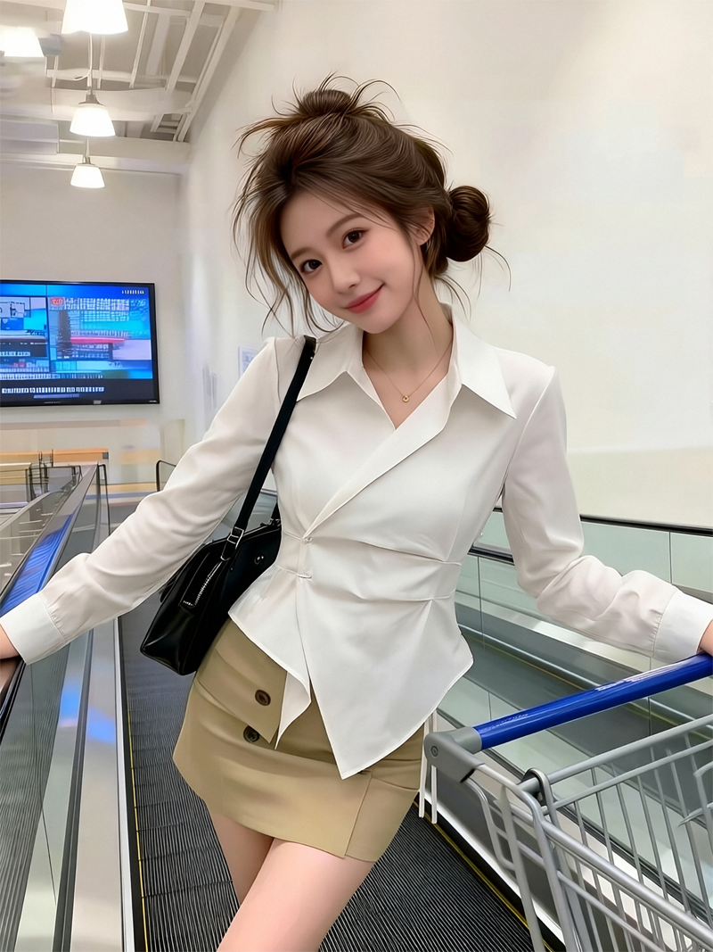 RY1450# 设计感小众不规则收腰显瘦时髦条纹衬衫长袖上衣