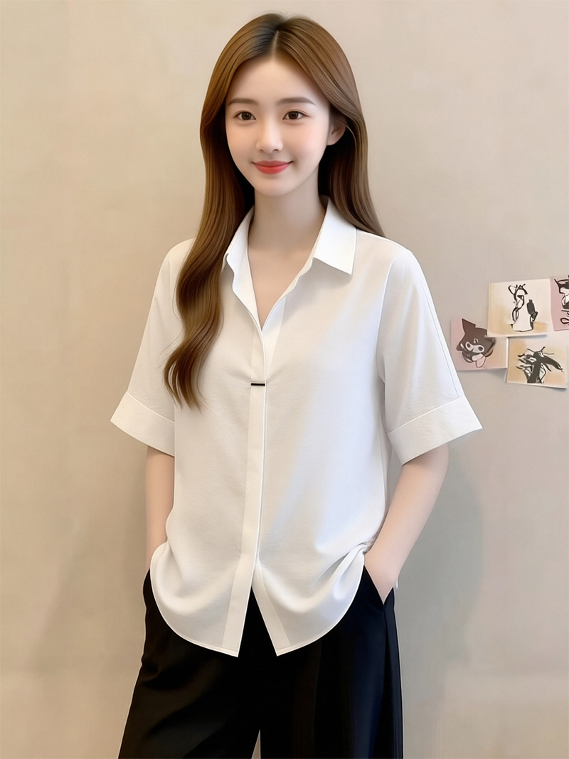 RY1449# 短袖衬衫夏季新款法式高级气质别致衬衣显瘦白色上衣雪纺衫