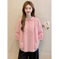 批发<b class='q'>韩国</b>褶皱镂空露背浅蓝色衬衫女夏季慵懒风宽松设计感扭结棉布衬衣