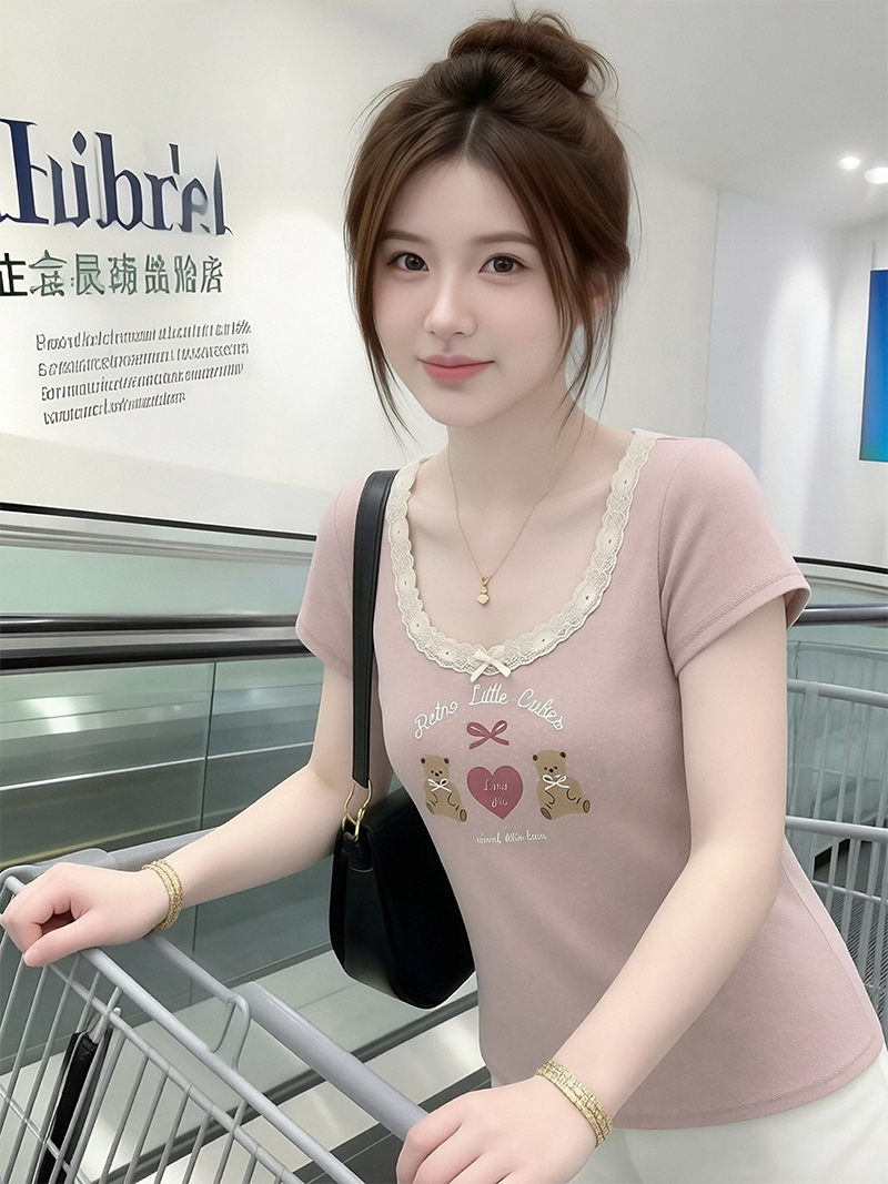 RY1448# 可爱bm风印花t恤女短袖蕾丝蝴蝶结