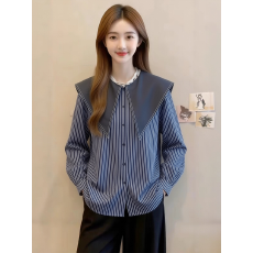 批发胖mm<b class='q'>大码</b>长袖衬衫女<b class='q'>秋装</b>宽松条纹衬衣大翻领海军领上衣