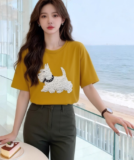 플리스 강아지 자수 반팔 티셔츠 여성 2026 새로운 여름 레트로 느긋한 바람 고급 센스 루즈핏 맨위 트렌디