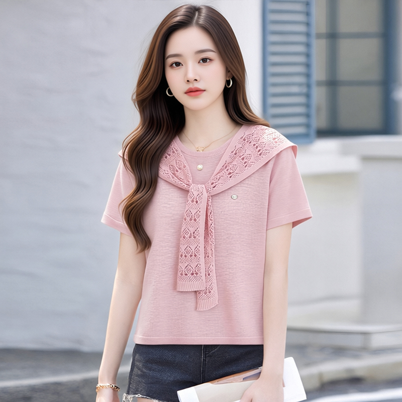 RY4153# 2026海军风披肩短袖针织衫冰丝T恤女夏通勤气质上衣