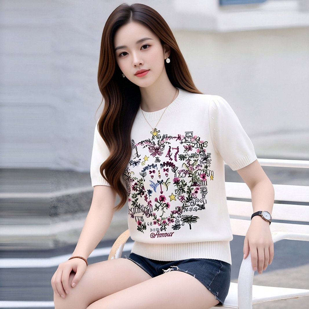 RY4152# 重工花卉刺绣针织衫26夏季新款名媛气质精品热销圆领短袖t恤上衣